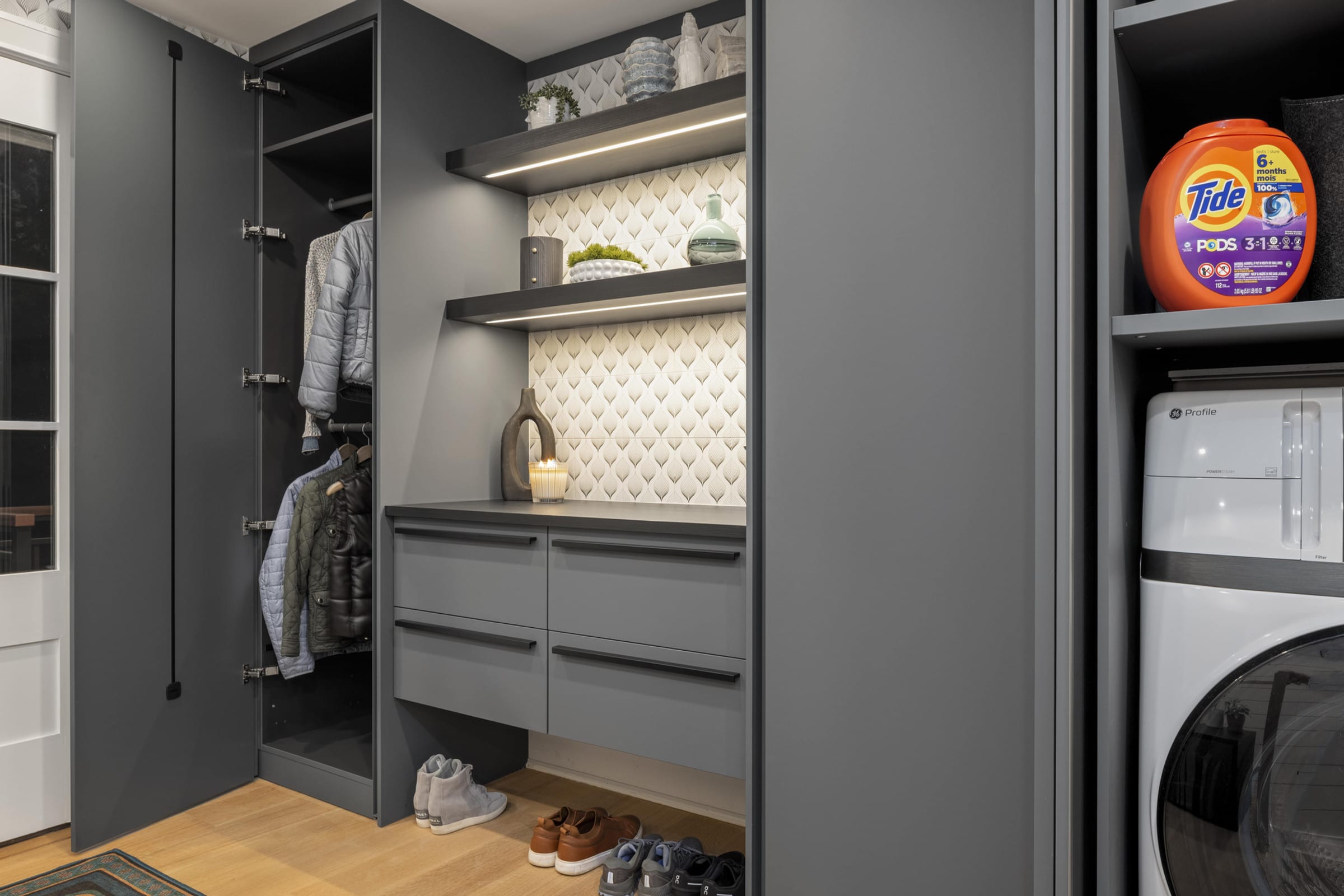 Mudroom cabinetry with hidden washer-dryer, Harrison NY
