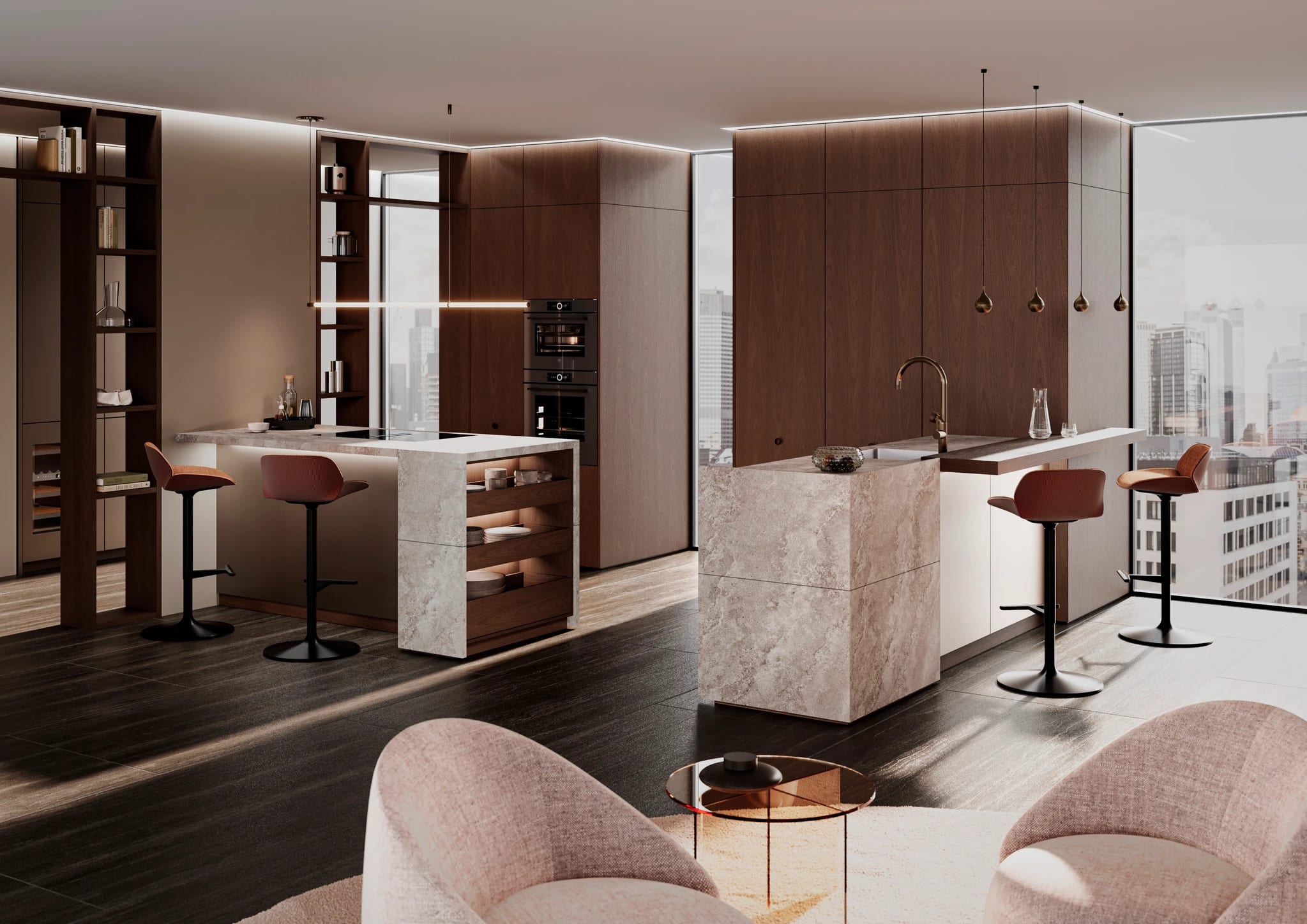 Cocoa-toned kitchen with stone island and city views