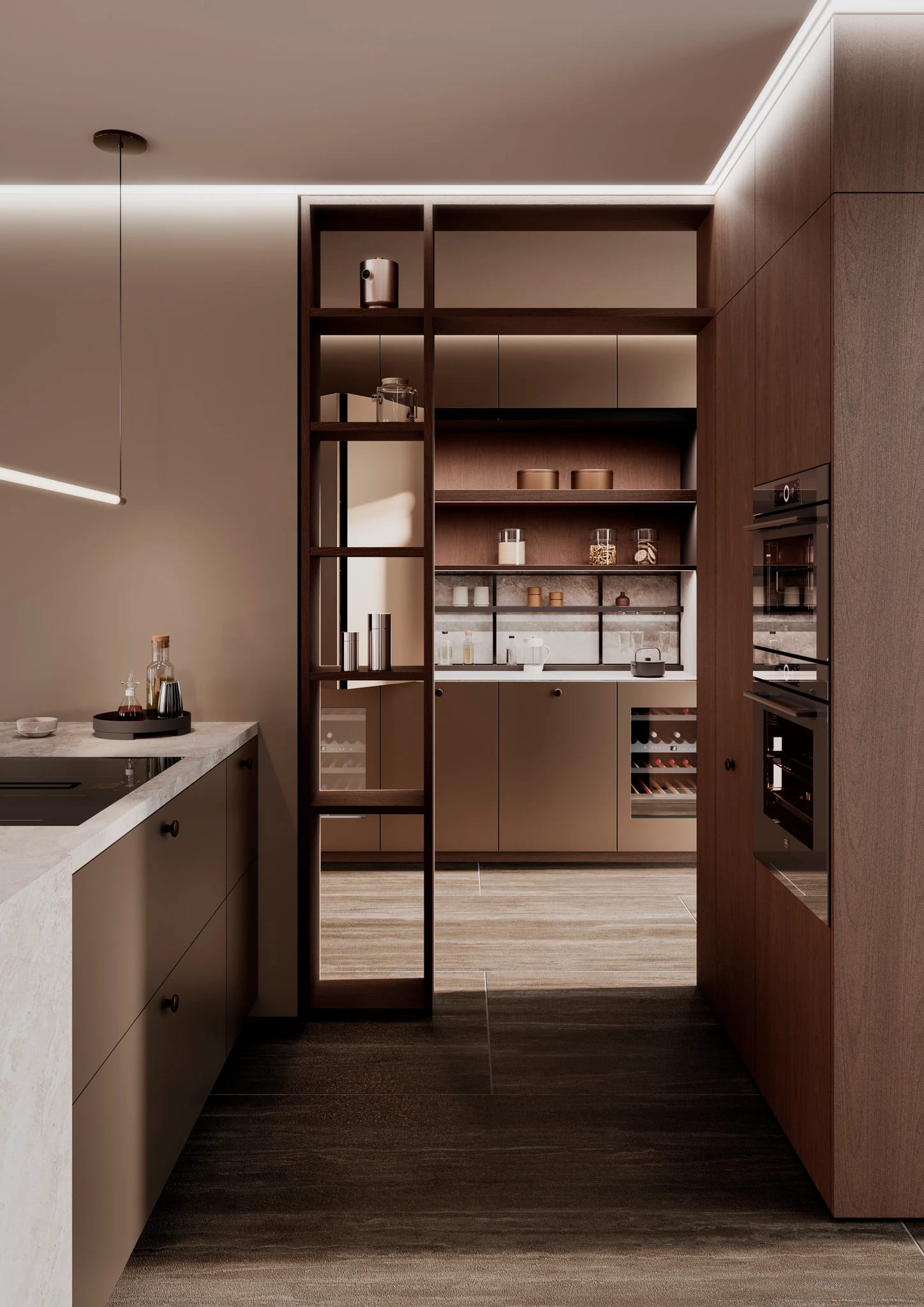 Butler pantry behind glass sliding doors
