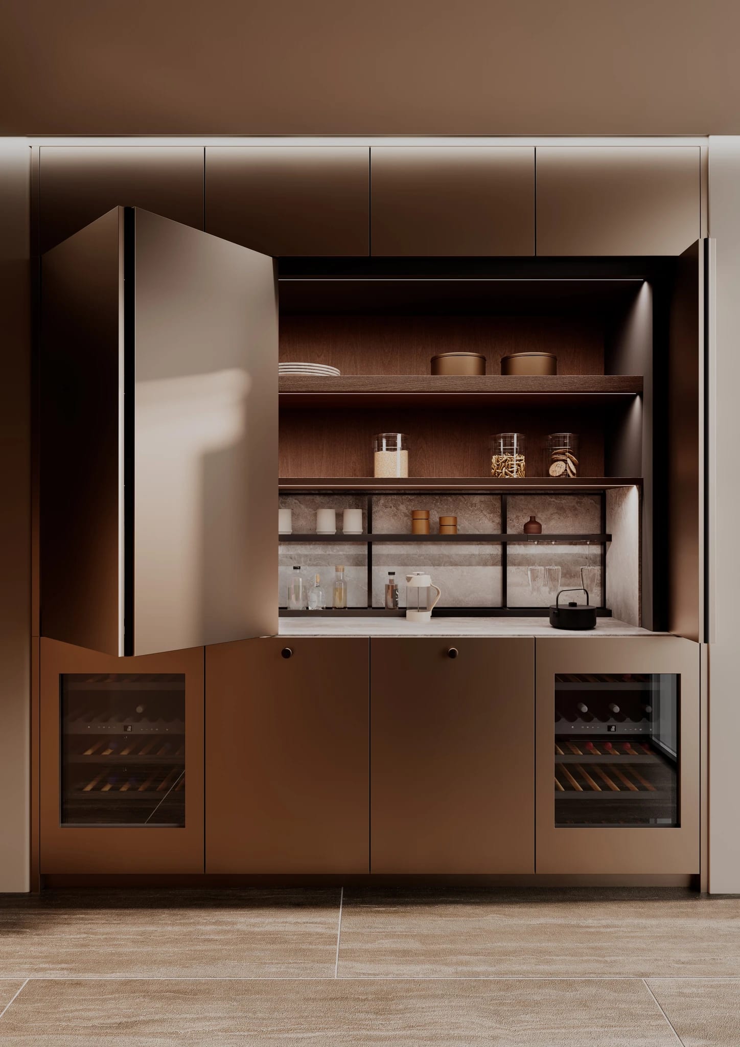 Open cabinet wall revealing a lit pantry with wine storage