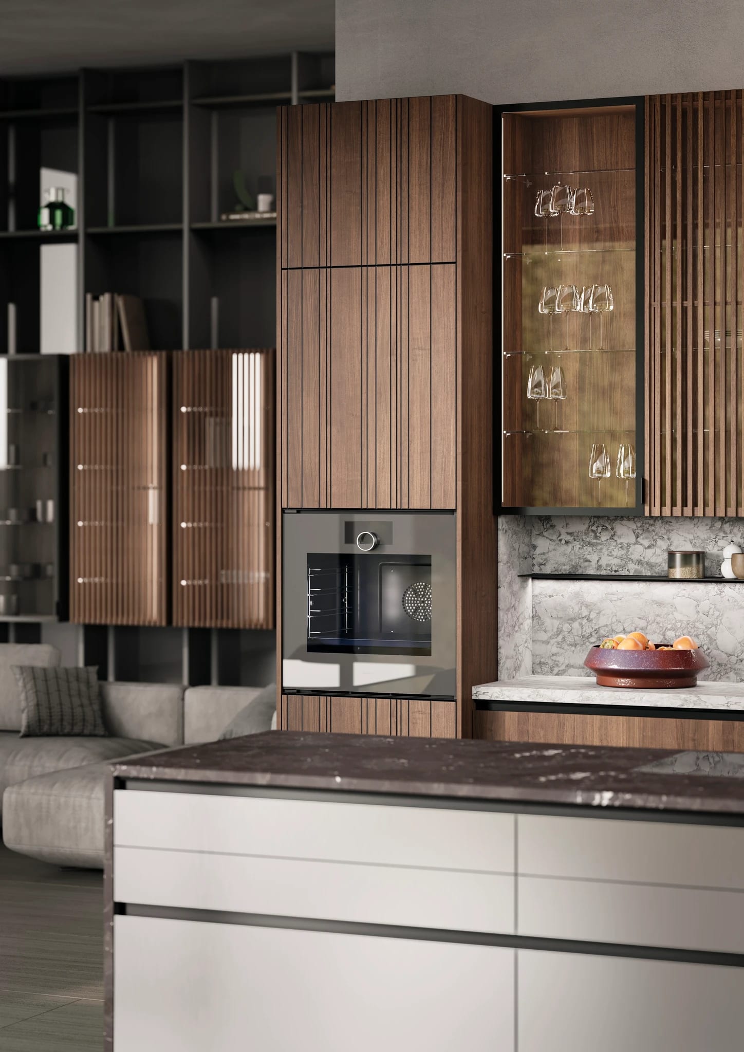 Tall walnut units with integrated oven and island