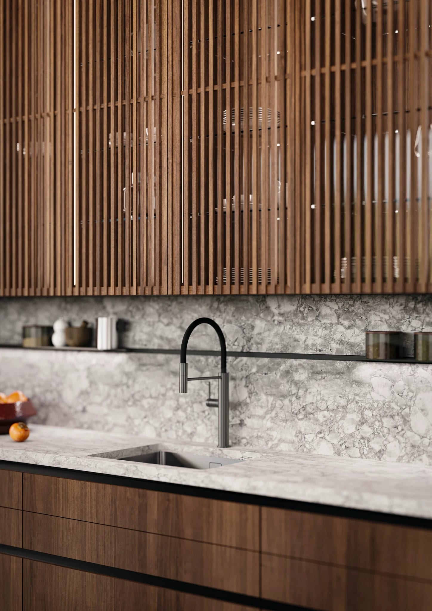 Walnut run with marble counter and matte black faucet