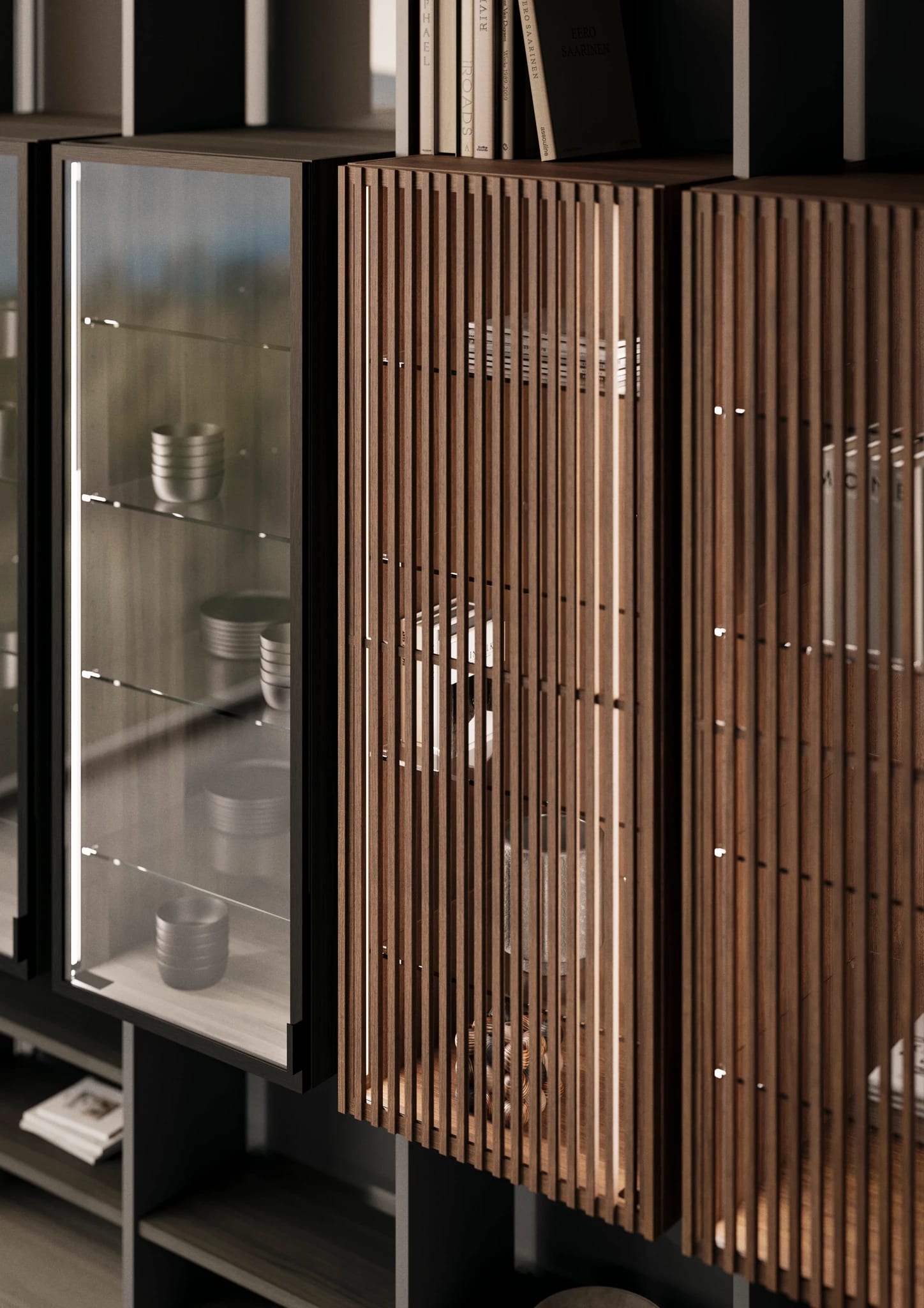 Fluted walnut doors opening beside a glass cabinet