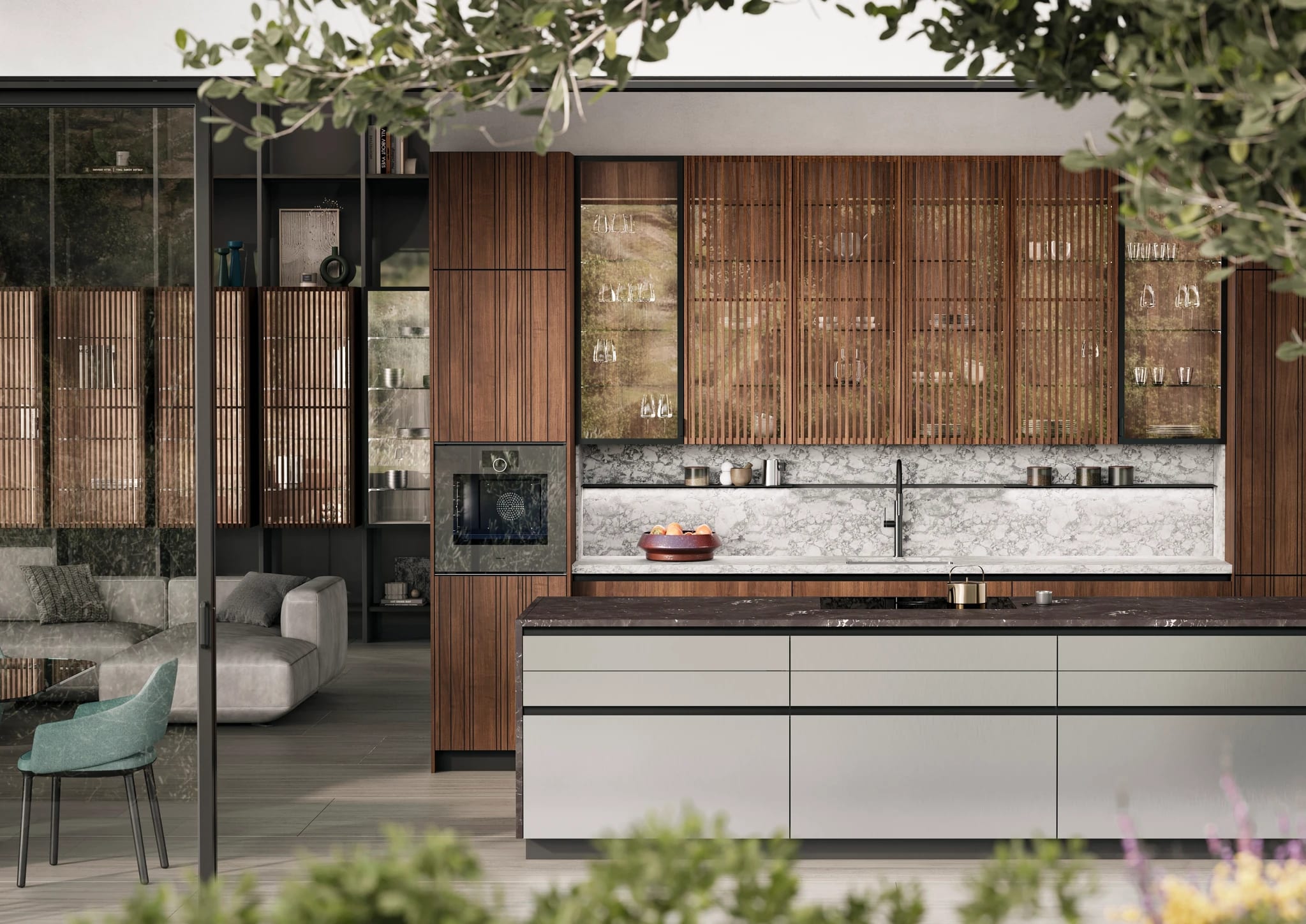 LEICHT 2027 kitchen in fluted walnut and glass, opening onto a terrace